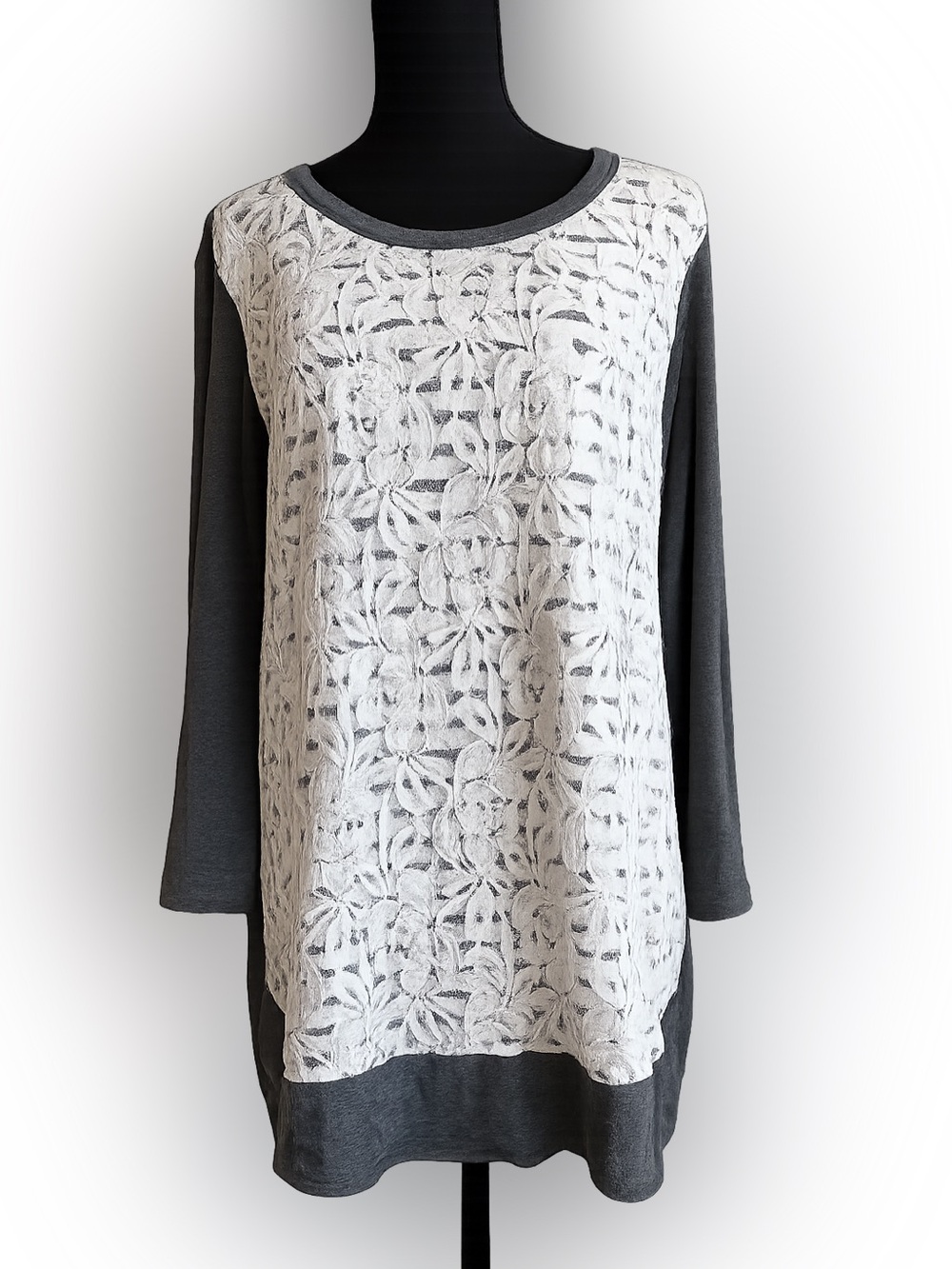 Women's Gray3/4  Long Sleeve Lace-Front Tunic Top